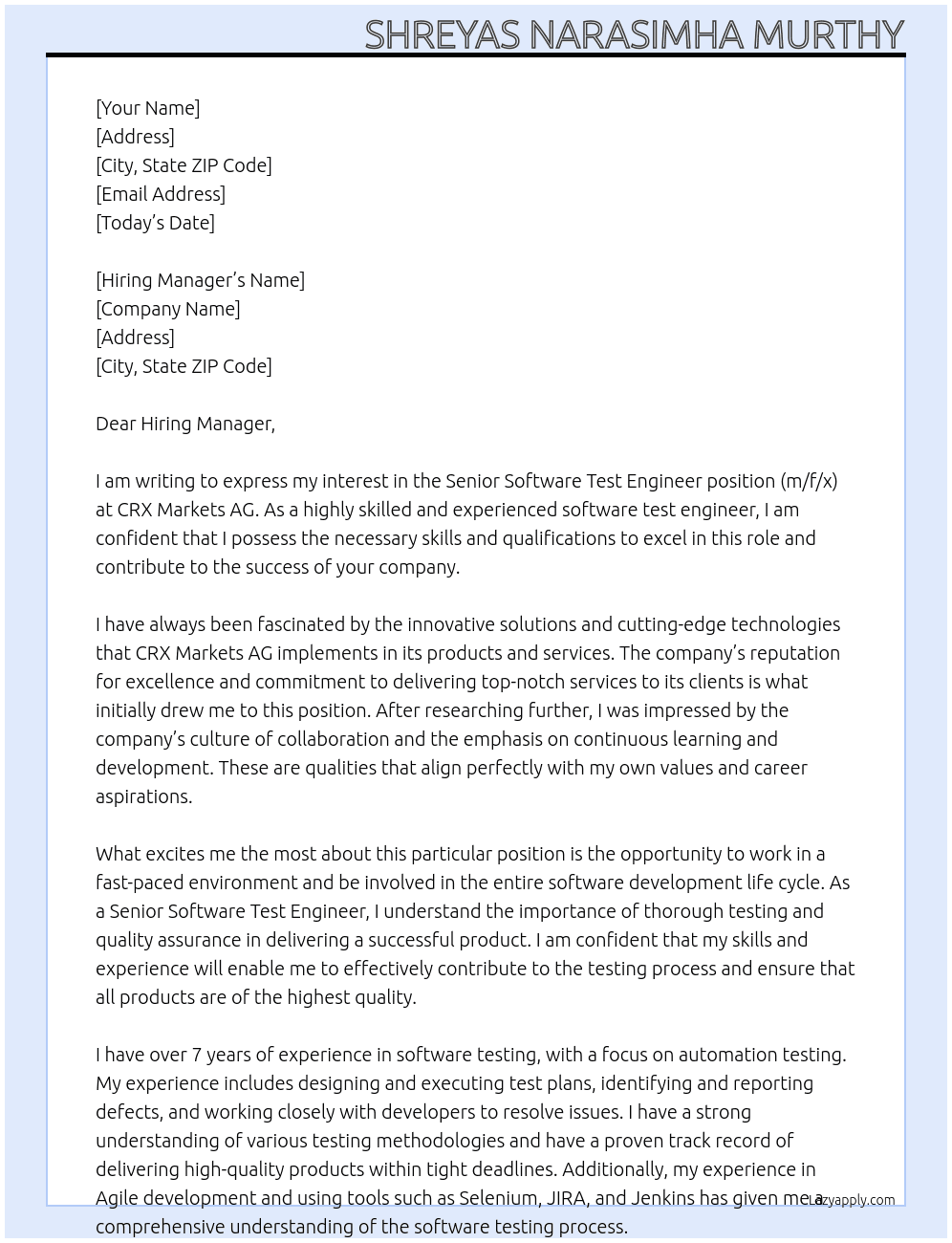 Senior Software Test Engineer (m/f/x) At CRX Markets AG Cover Letter