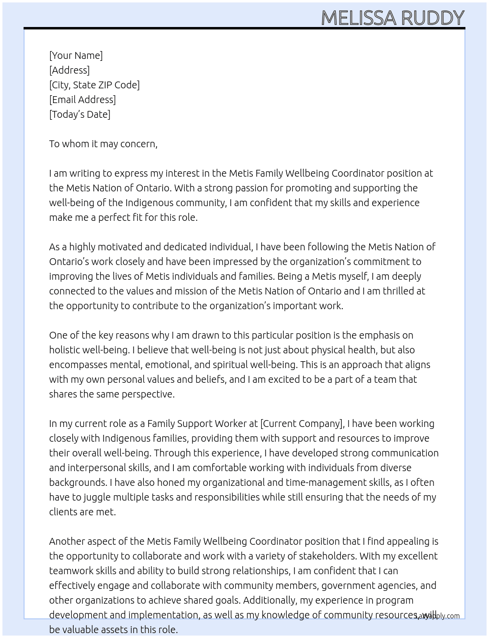 Metis Family Wellbeing Coordinator At Metis Nation of Ontario  Cover Letter