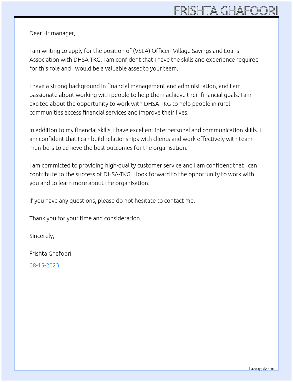  (VSLA) Officer- Village Savings and Loans Association At DHSA-TKG Cover Letter