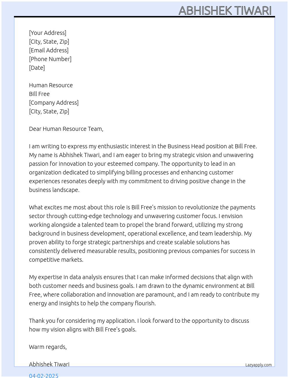 Cover letter for business head - LazyApply
