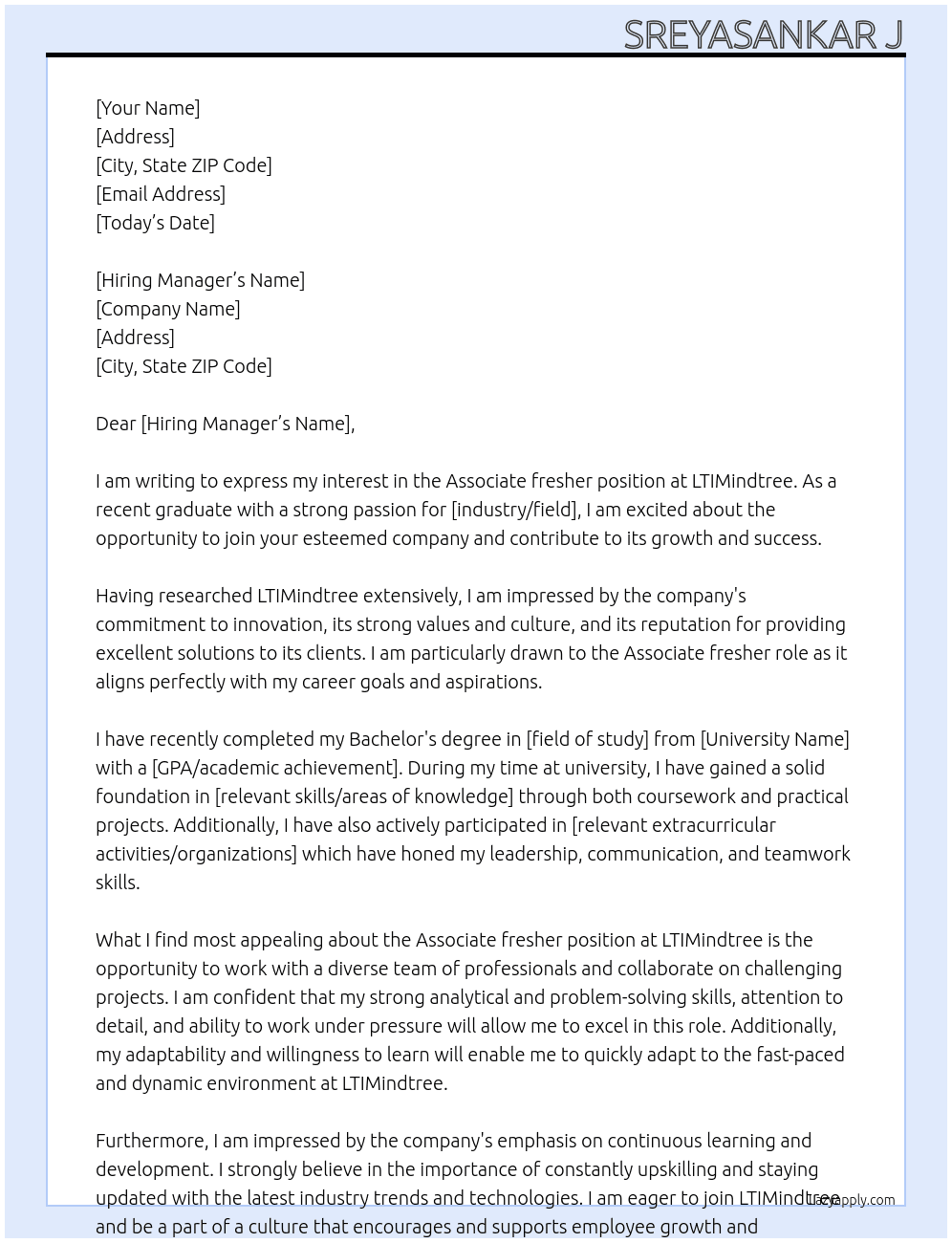 Associate fresher At LTIMindtree  Cover Letter