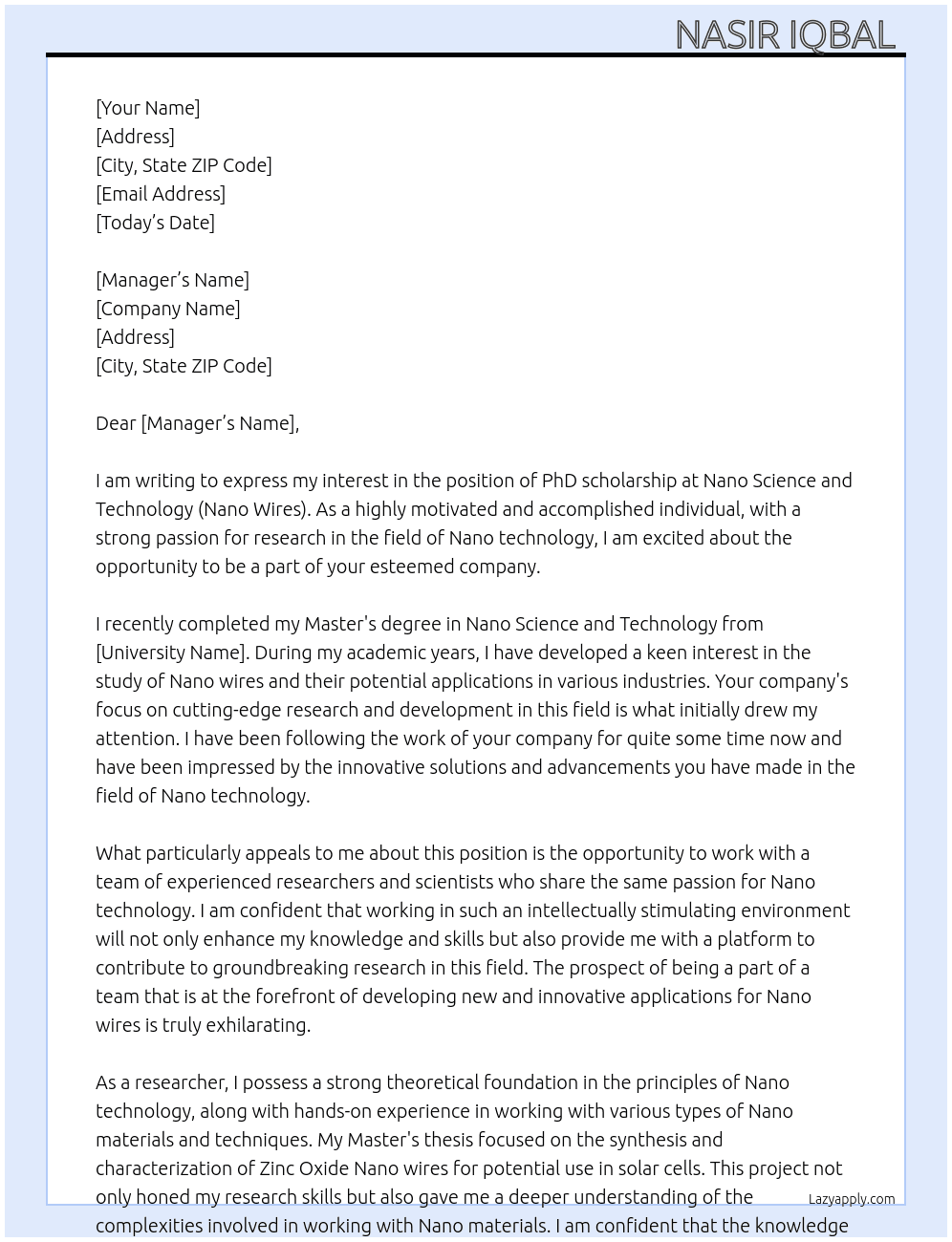 PhD scholarship  At Nano science and technology (nano wires) Cover Letter