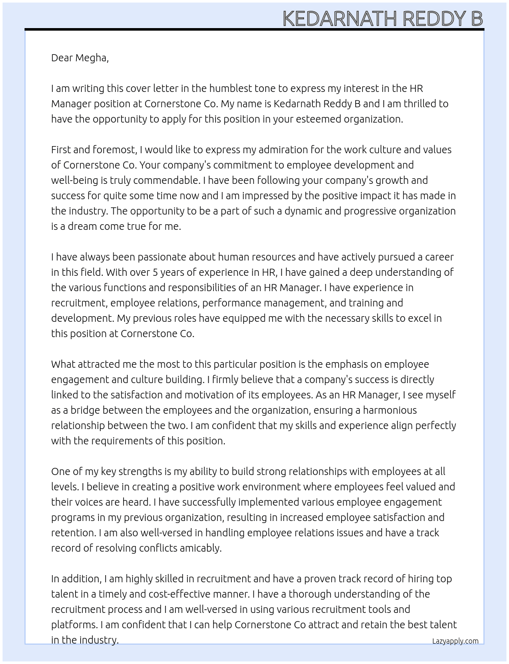 HR Manager At Cornerstone Co Cover Letter