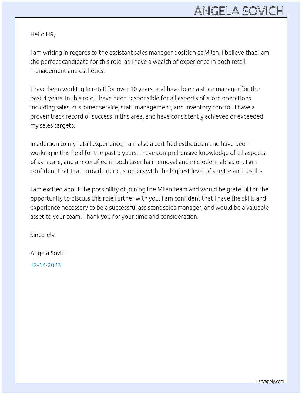 Assistant sales manager  At Milan  Cover Letter