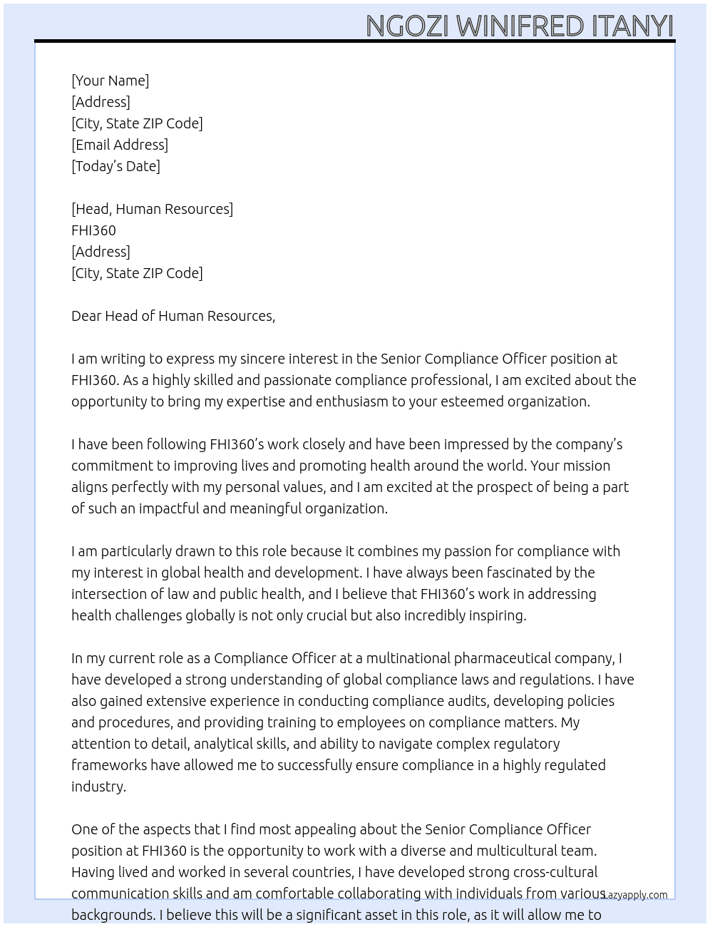 Senior Compliance Officer At FHI360 Cover Letter