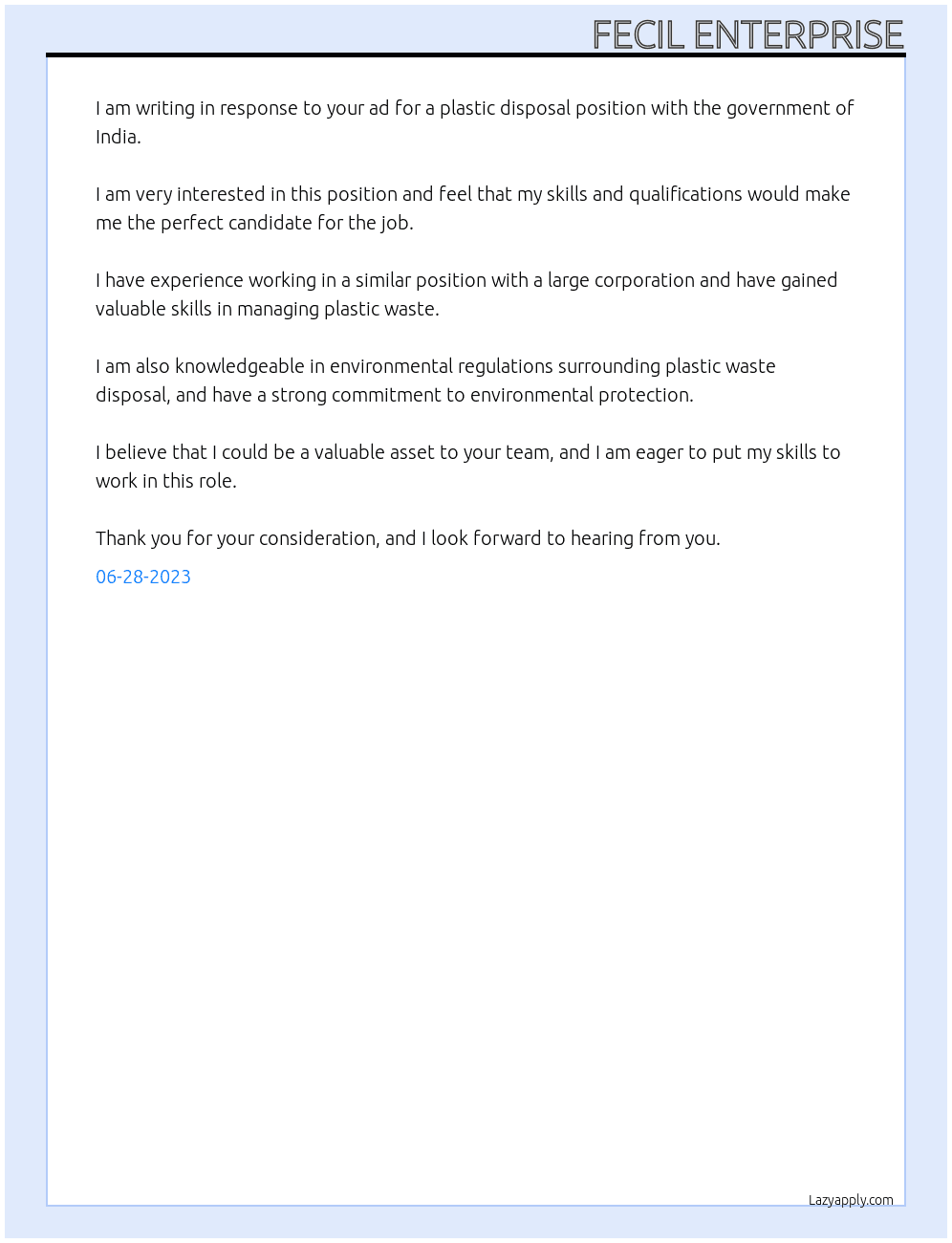 plastic disdposal At goverment of india Cover Letter
