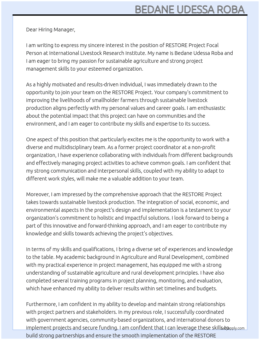 RESTORE Project Focal Person At International Livestock Research Institute Cover Letter