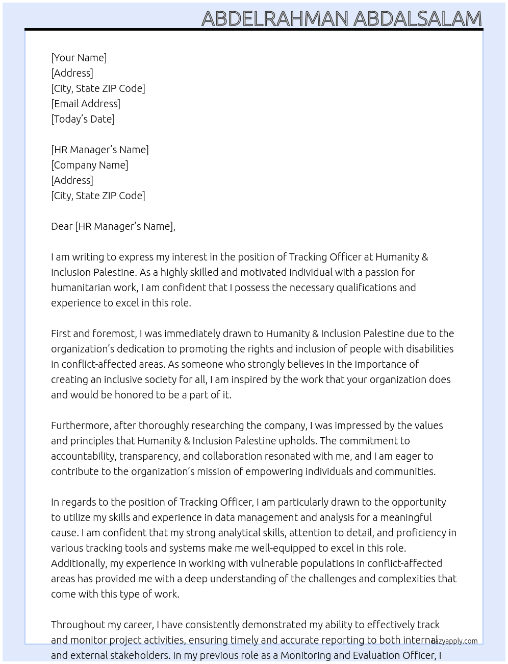Tracking Officer At Humanity & Inclusion Palestine  Cover Letter