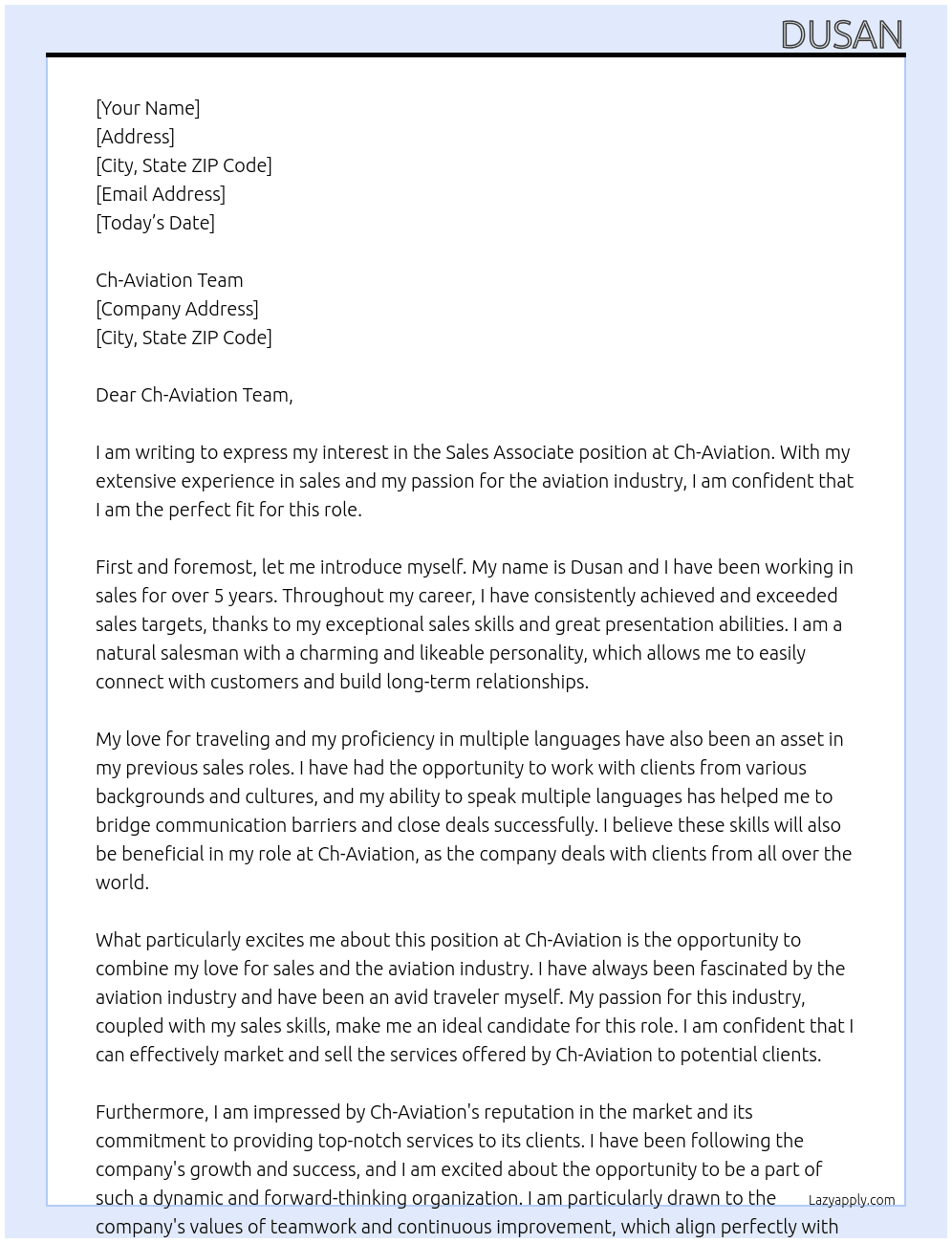 Sales associate At Ch-Aviation  Cover Letter