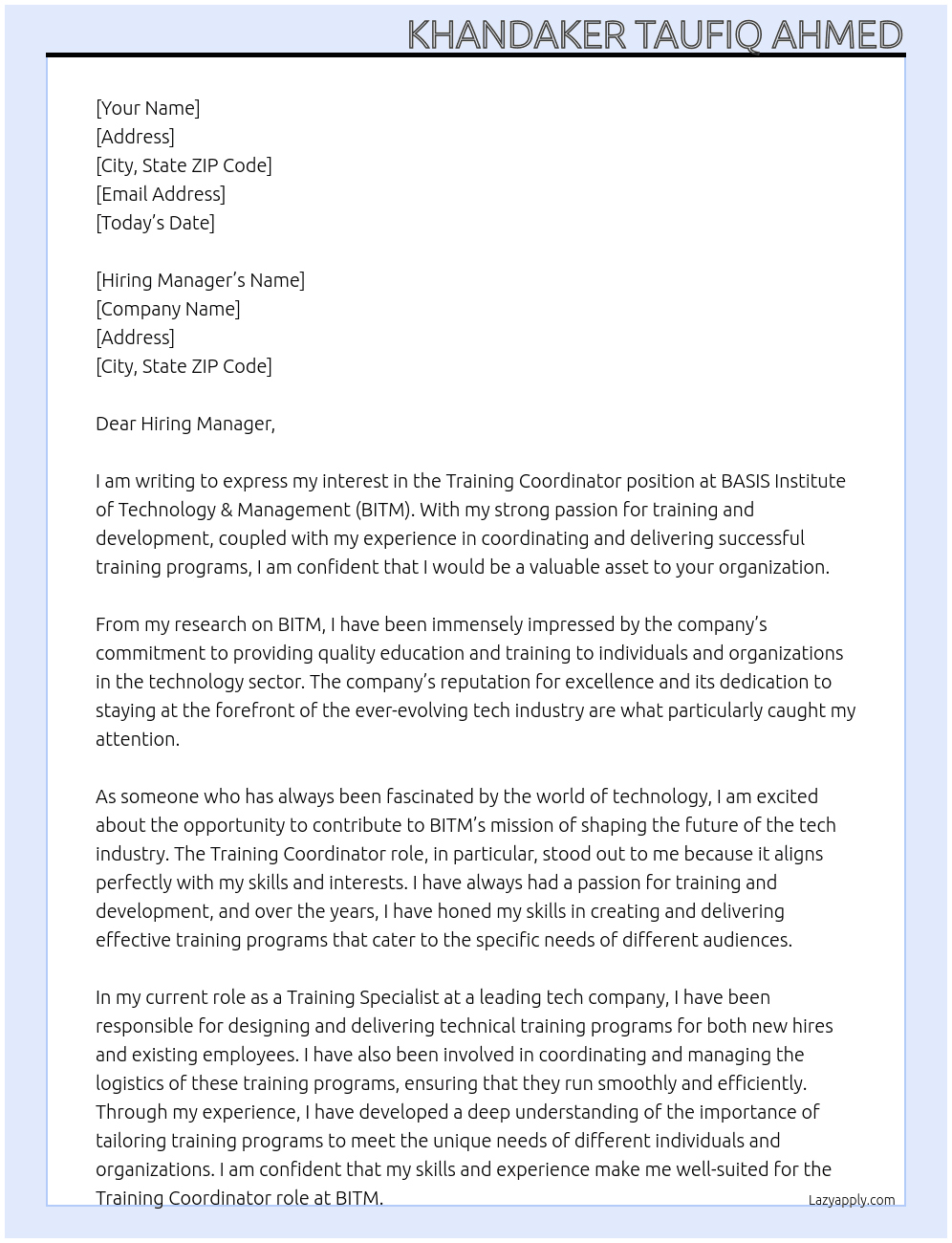 Training Coordinator At BASIS Institute of Technology & Management (BITM) Cover Letter