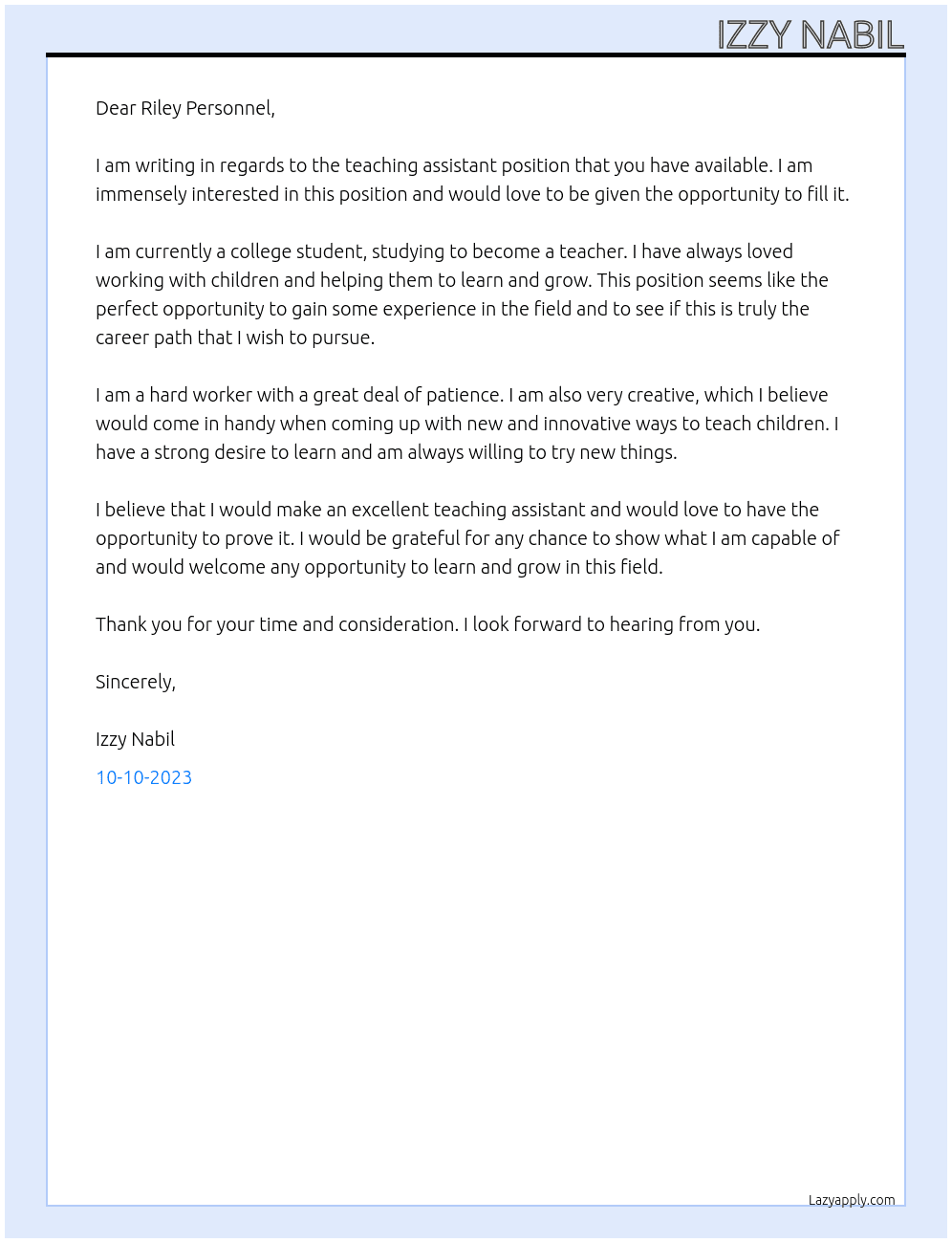 Teaching assistant  At Riley personnel Cover Letter