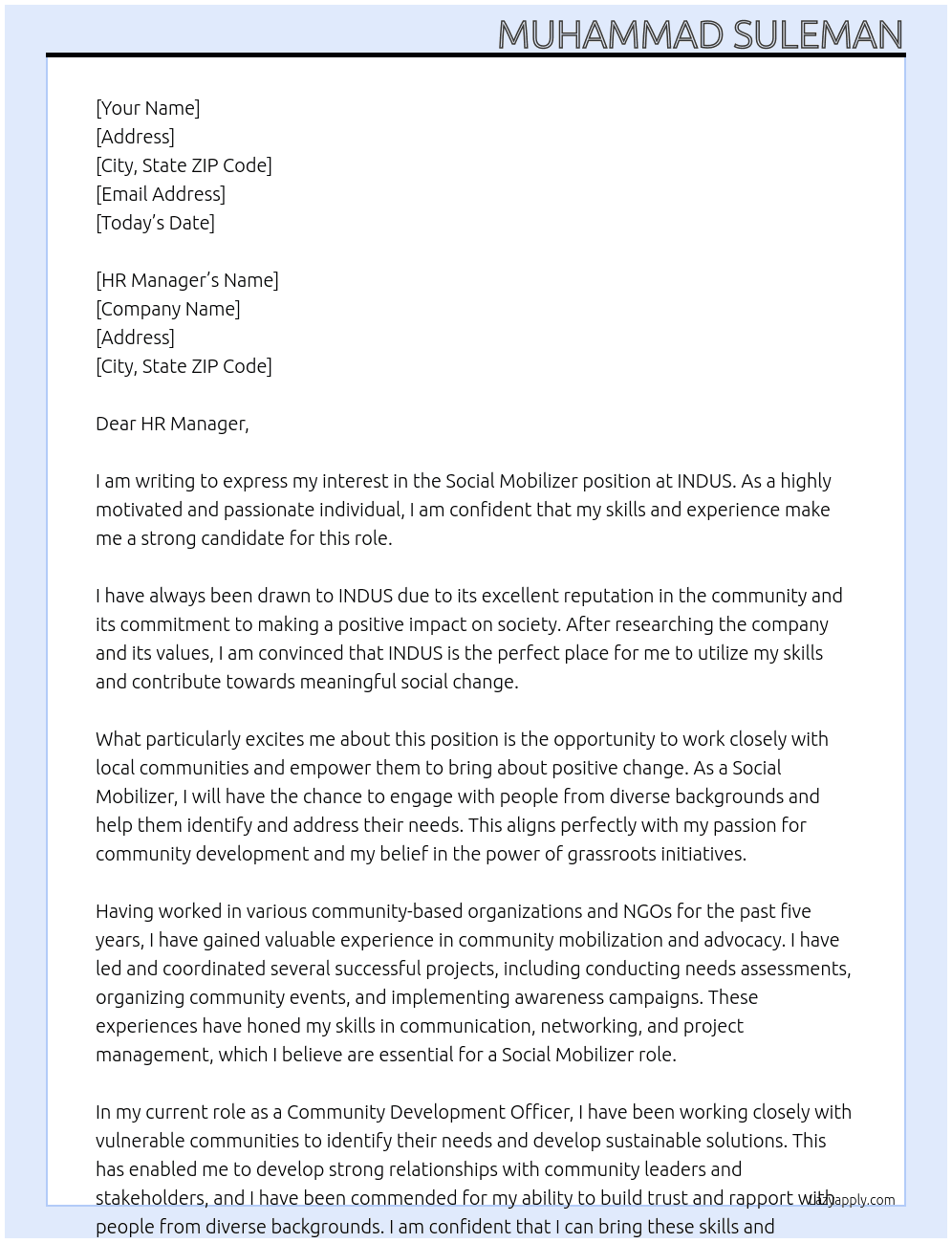 Social Mobilizer At INDUS Cover Letter