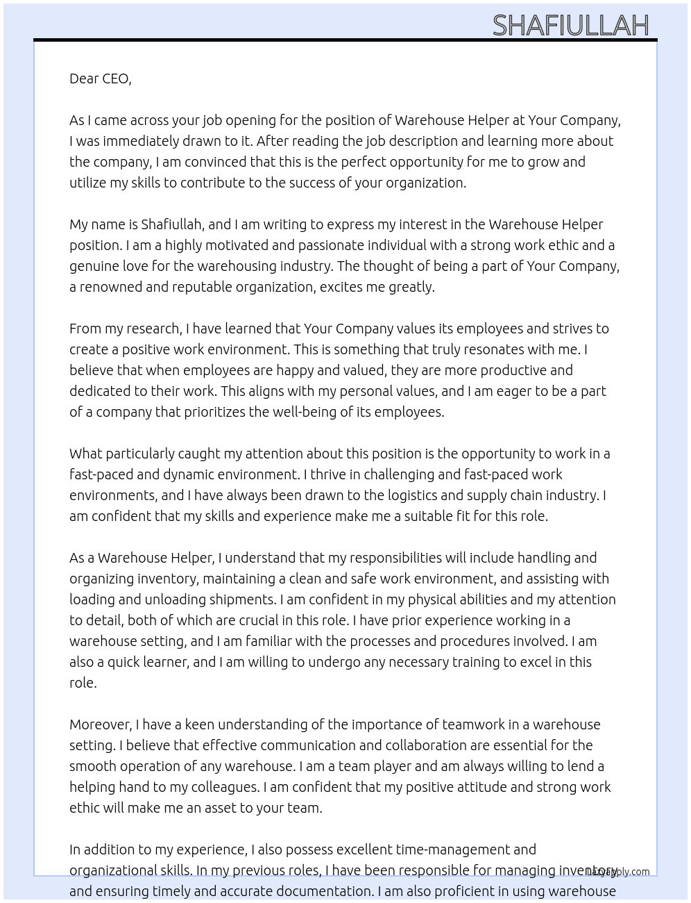 Warehouse helper  At Your company  Cover Letter