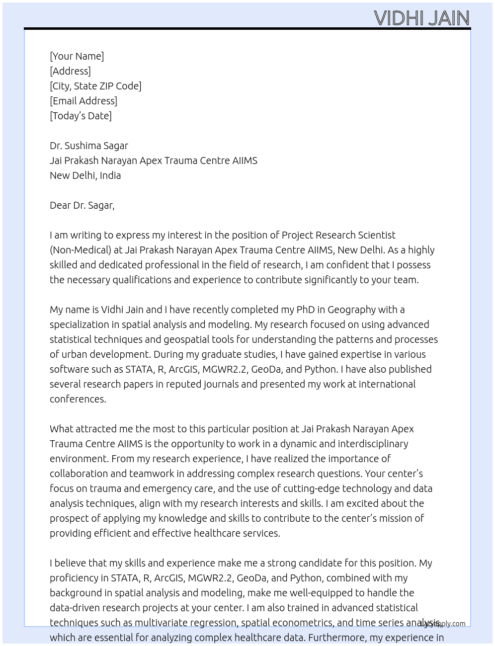 Project Research Scientist (Non-Medical) At Jai Prakash Narayan Apex Trauma Centre AIIMS, New Delhi Cover Letter