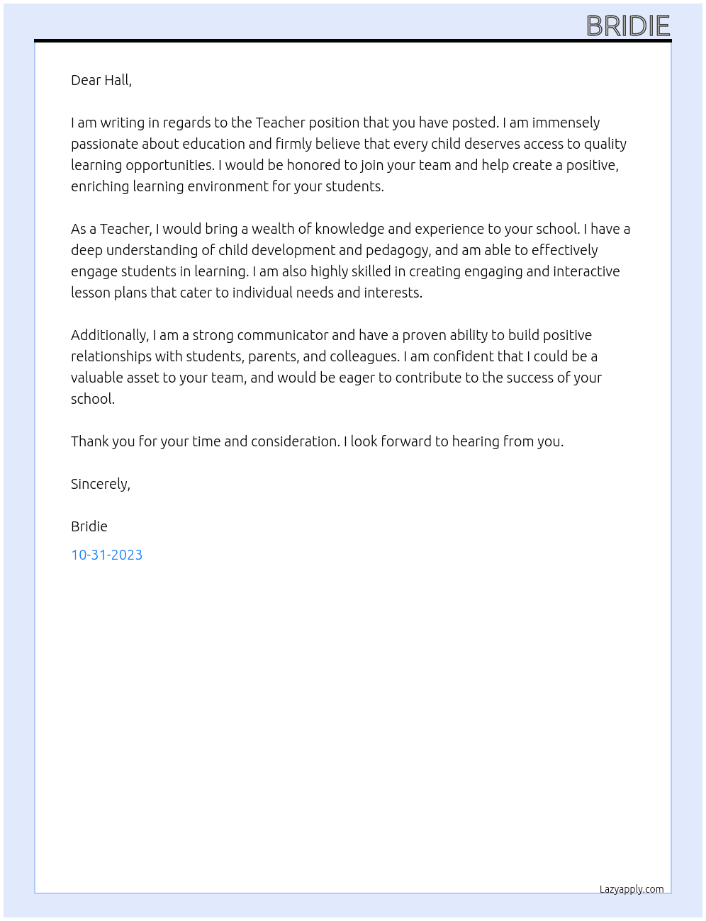 Teacher At Hall Cover Letter
