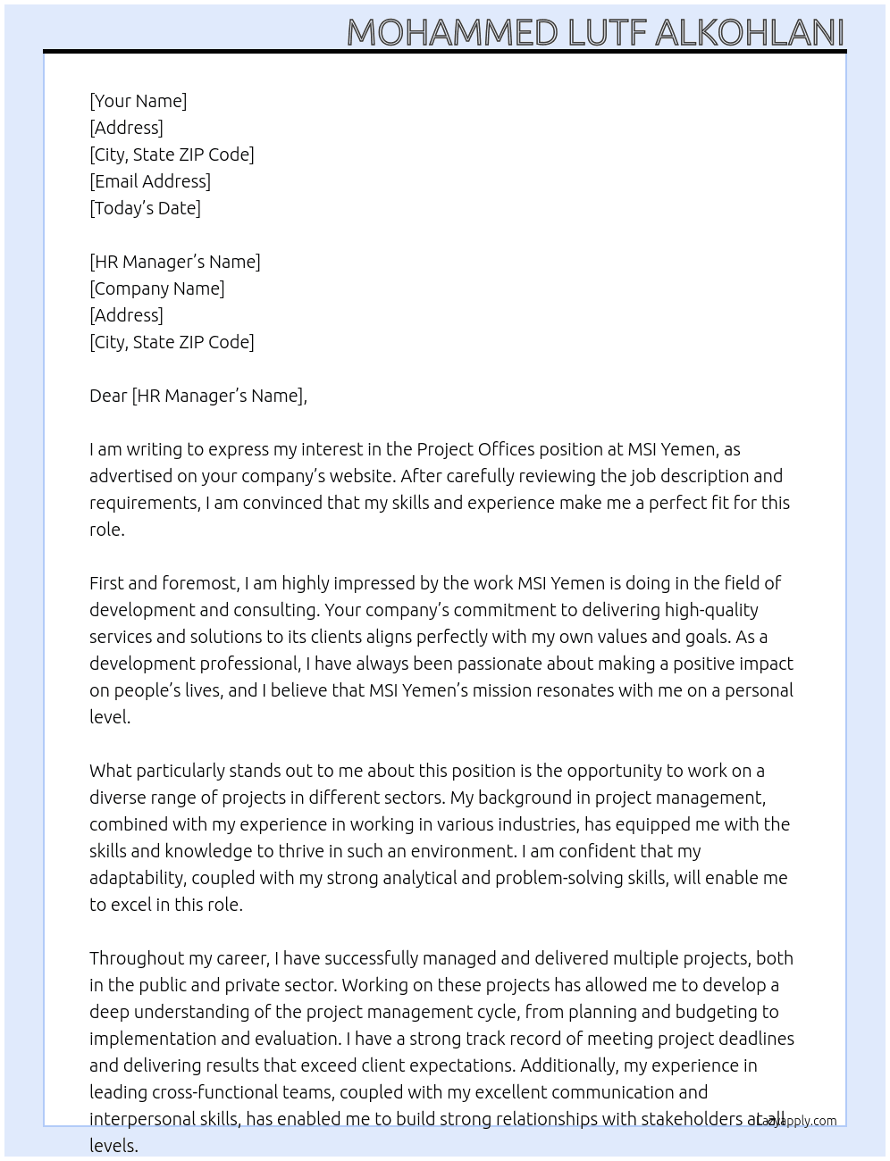 Project Offices At MSI Yemen Cover Letter