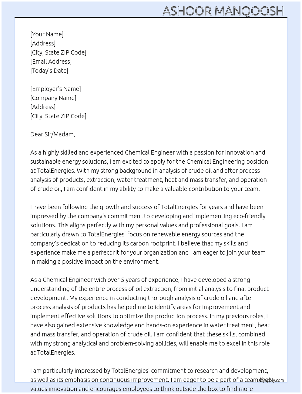 Chemical Engineering  At TotalEnergies  Cover Letter