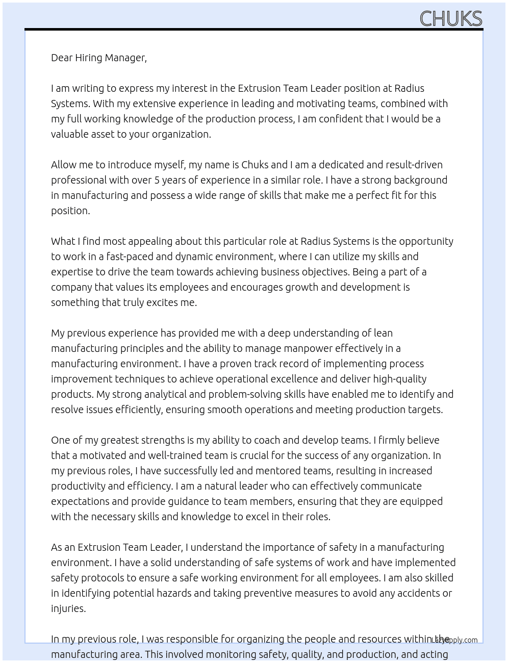 extrusion team leader At Radius system Cover Letter