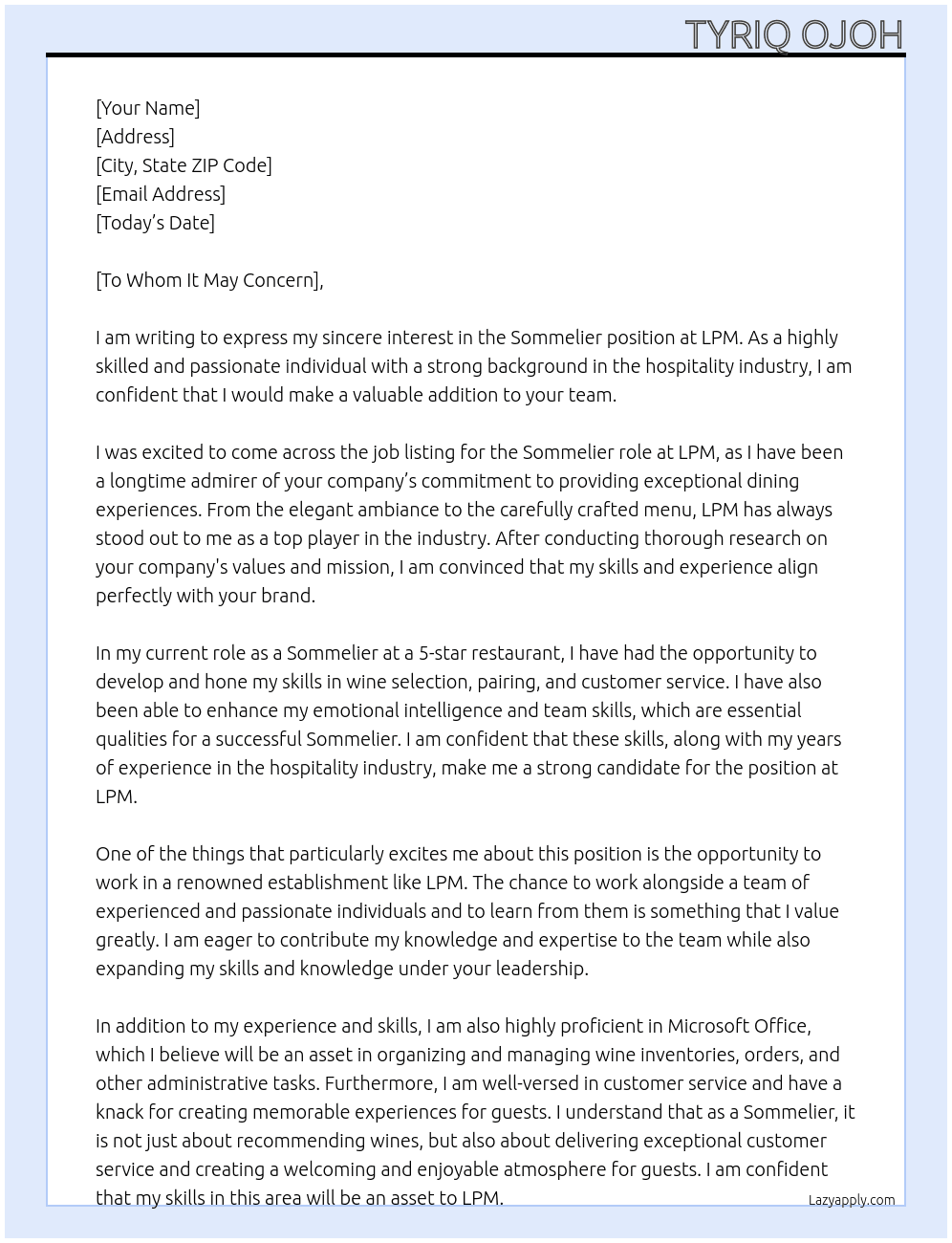 Sommelier  At LPM Cover Letter