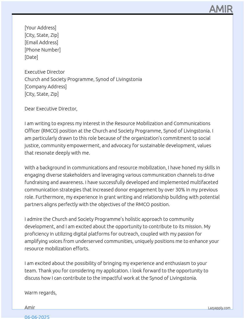 Resource Mobilization and Communications Officer (RMCO) At Church and Society Programme, Synod of Livingstonia Cover Letter