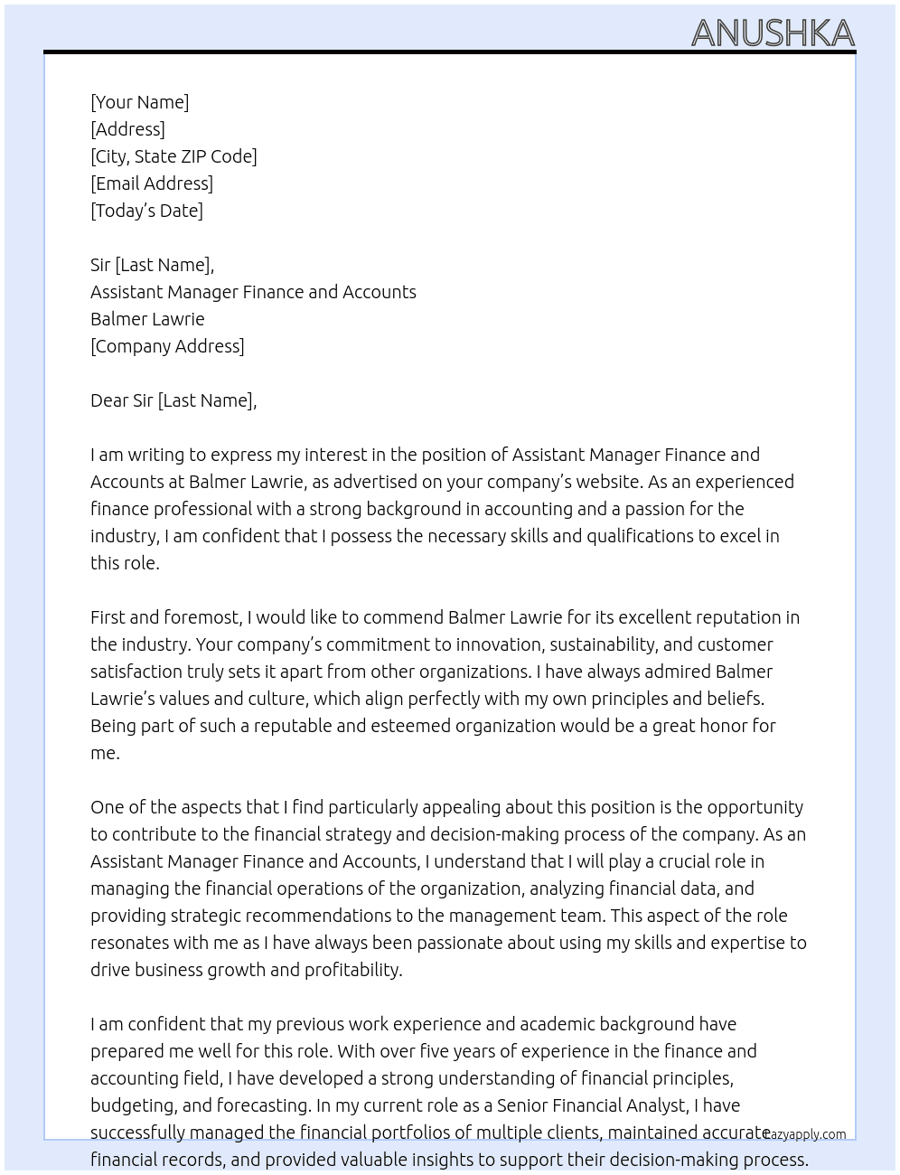 Assistant Manager Finance and Accounts At Balmer Lawrie Cover Letter