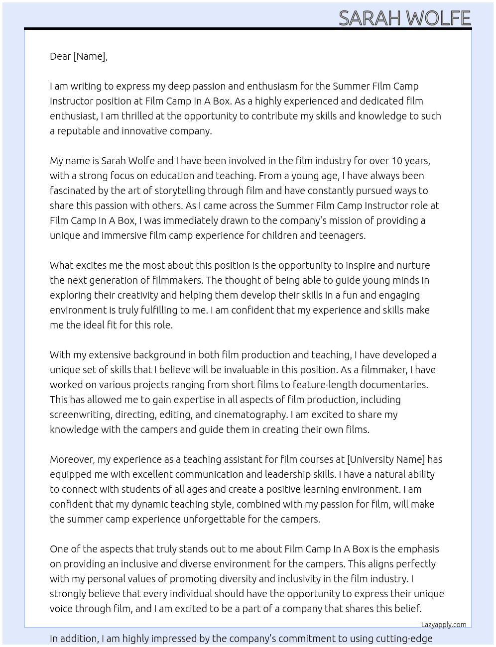 Summer Film Camp Instructor At Film Camp In A Box Cover Letter