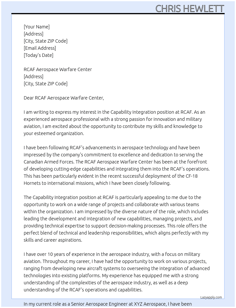 Capability Integration At RCAF Cover Letter