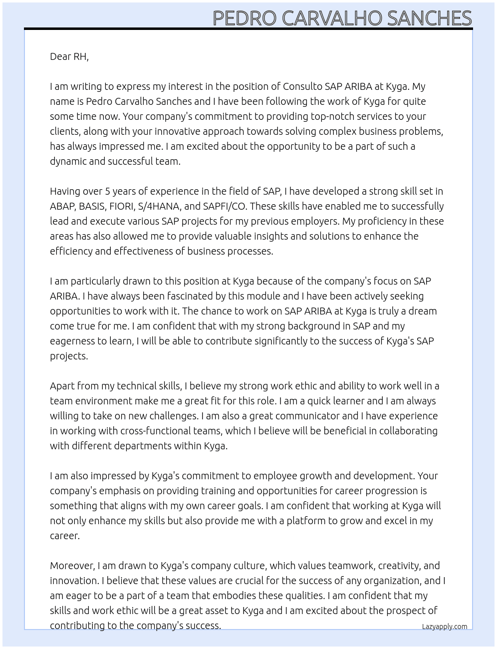 Consulto SAP ARIBA At Kyga Cover Letter