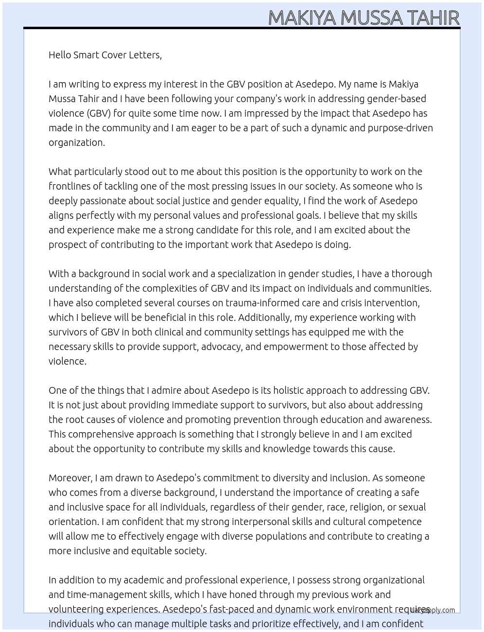 GBV At Asedepo Cover Letter