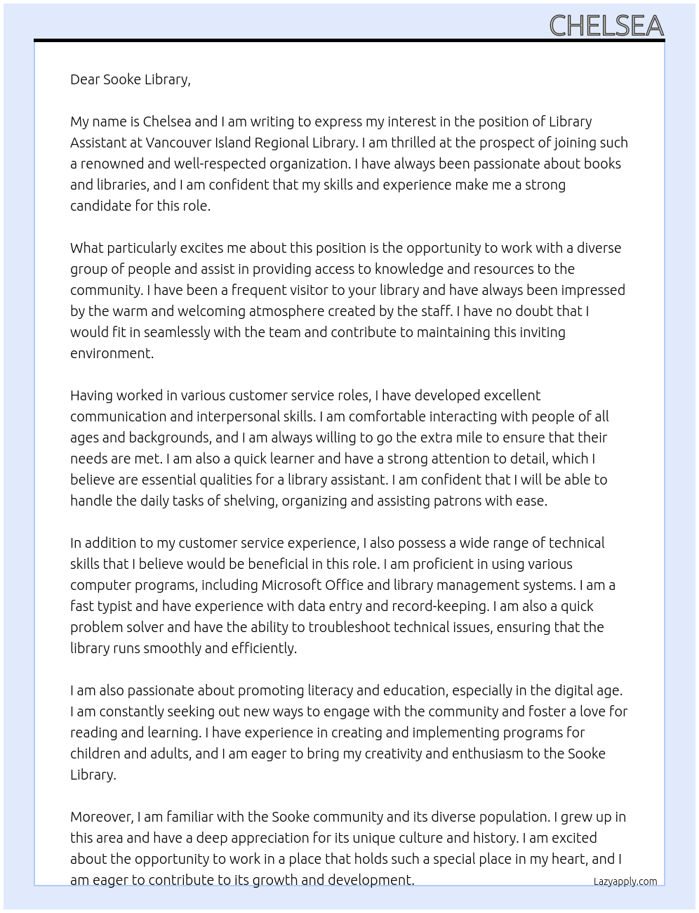library assistant  At vancouver island regional library Cover Letter