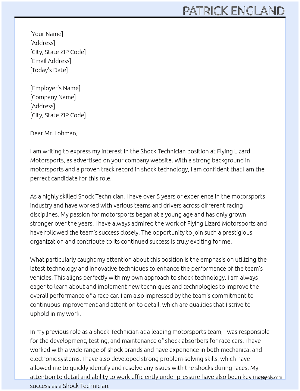 Shock Technician  At Flying Lizard Motorsports Cover Letter