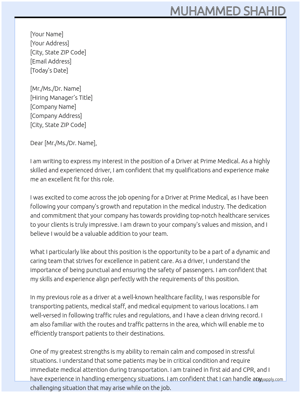 Driver At Prime medical  Cover Letter