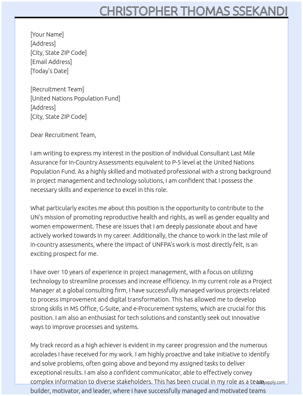 Individual Consultant Last Mile Assurance for In-Country Assessments equivalent P-5 level At United Nations Population Fund Cover Letter