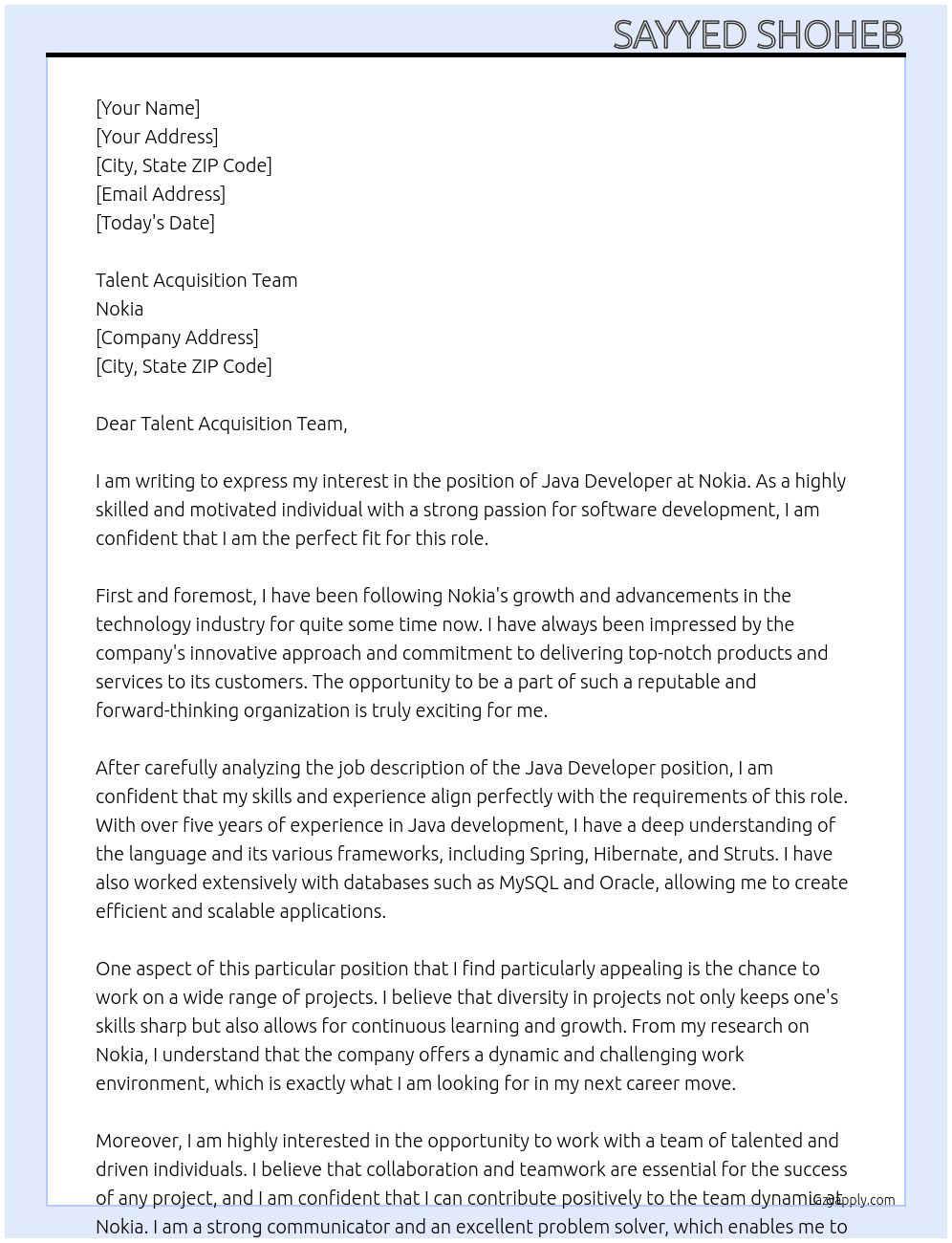 java developer At Nokia Cover Letter