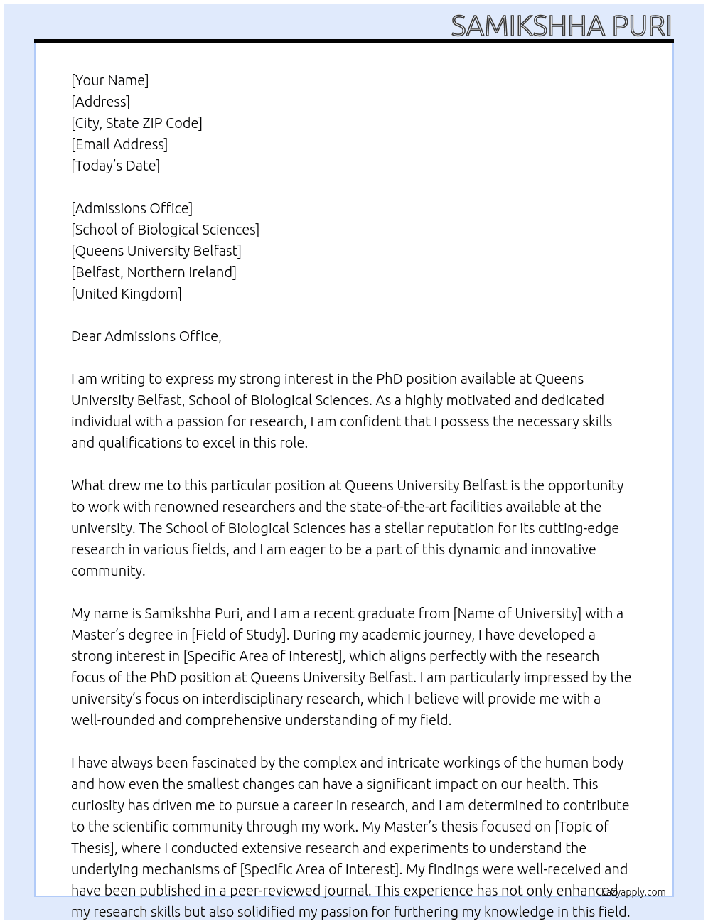 phd position At Queens University Belfast Cover Letter