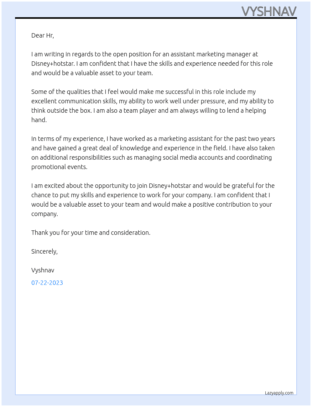 Assistant marketing manager  At Disney+hotstar  Cover Letter