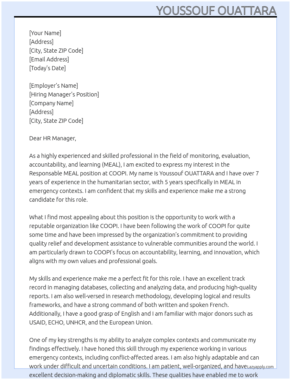 Responsable MEAL At COOPI Cover Letter