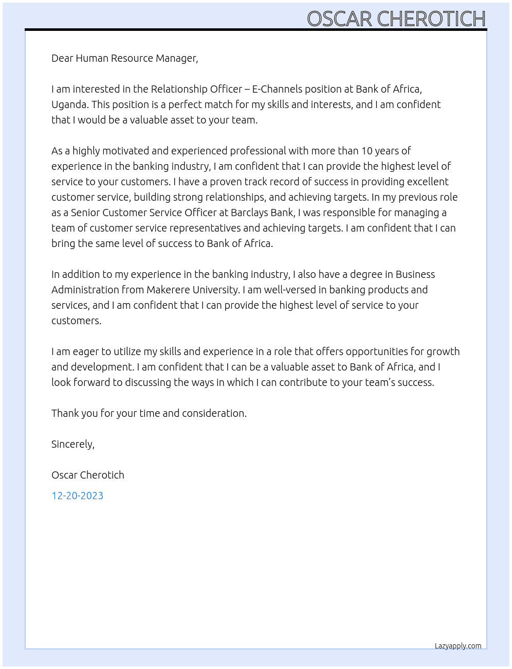 Relationship Officer – E-Channels At Bank of Africa, Uganda Cover Letter