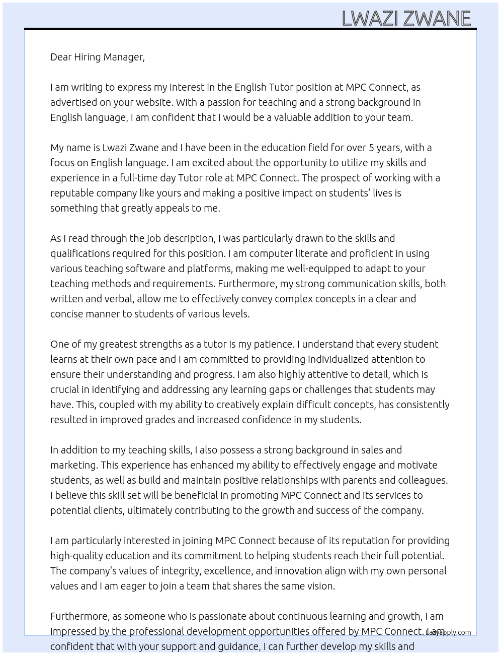 English Tutor At MPC Connect  Cover Letter