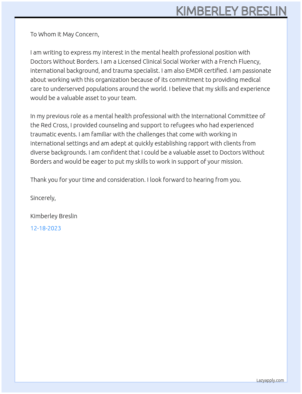 Mental health professional  At Doctors Without Borders  Cover Letter