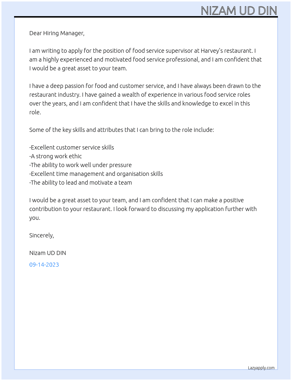 Food service supervisor At Harvey's restaurant Cover Letter
