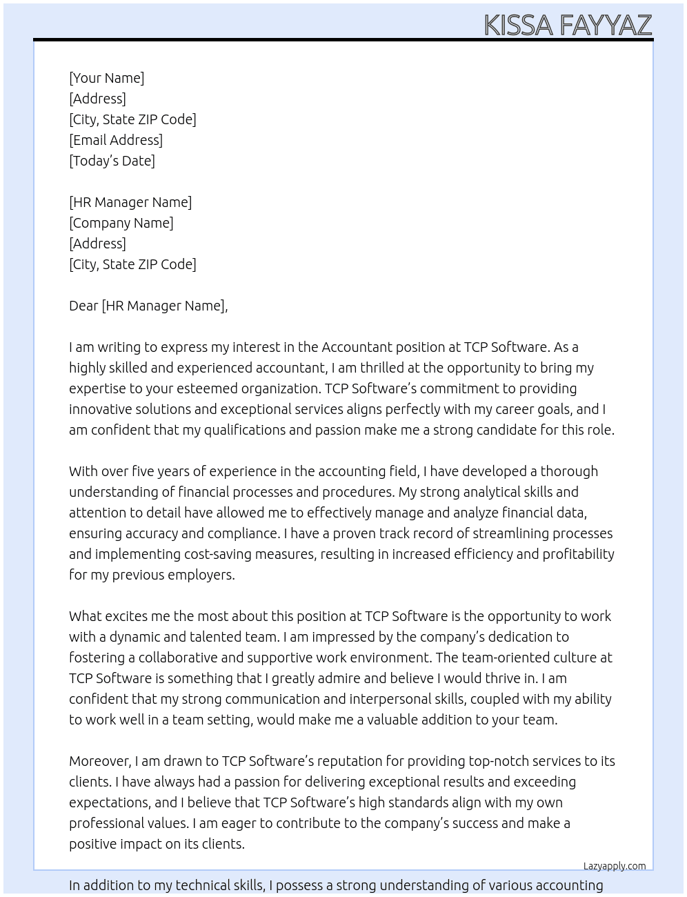Accountant At TCP Software Cover Letter