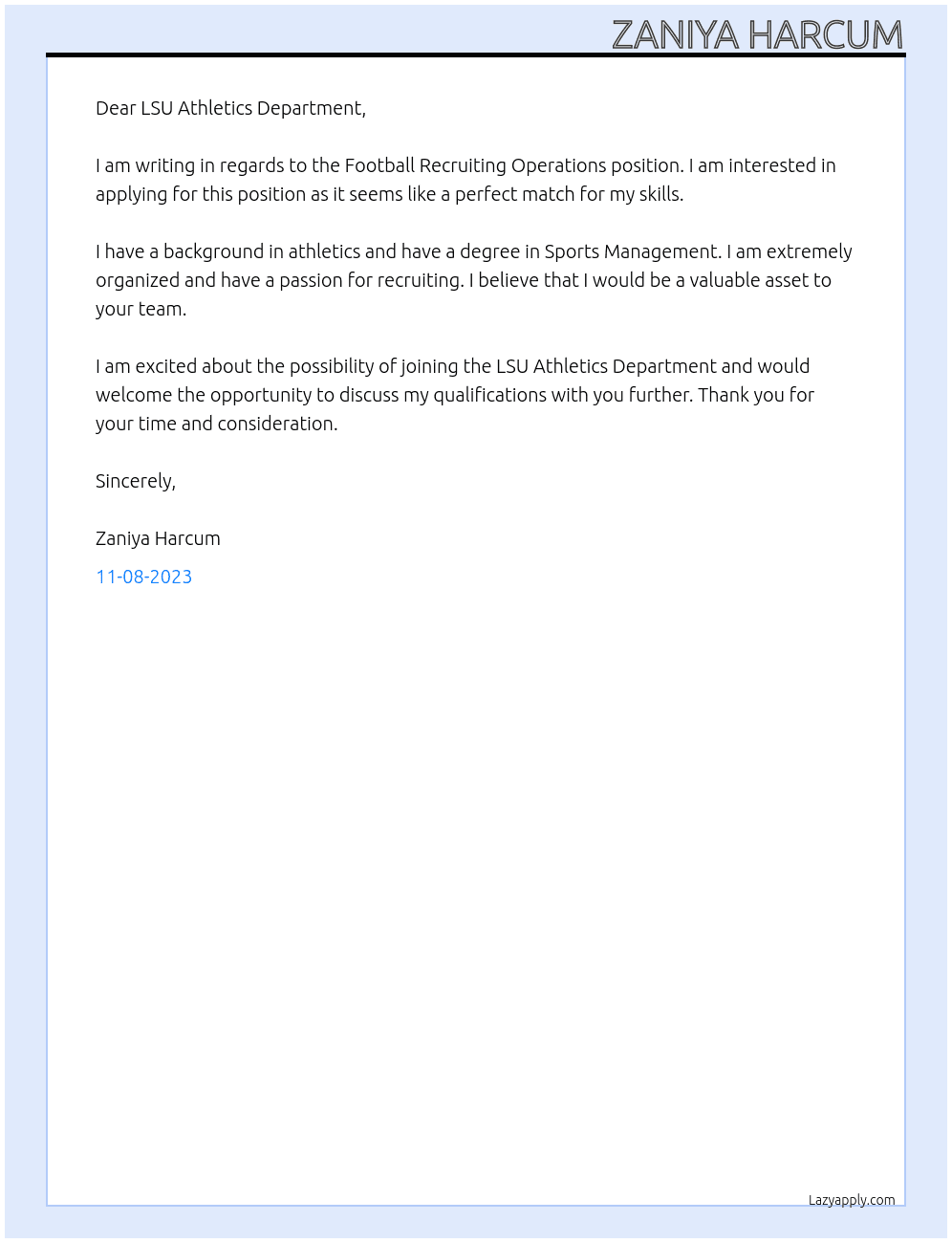 Football Recruiting Operations At LSU Athletics Department Cover Letter
