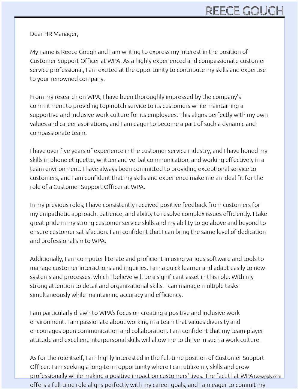 Customer Support Officer At WPA Cover Letter
