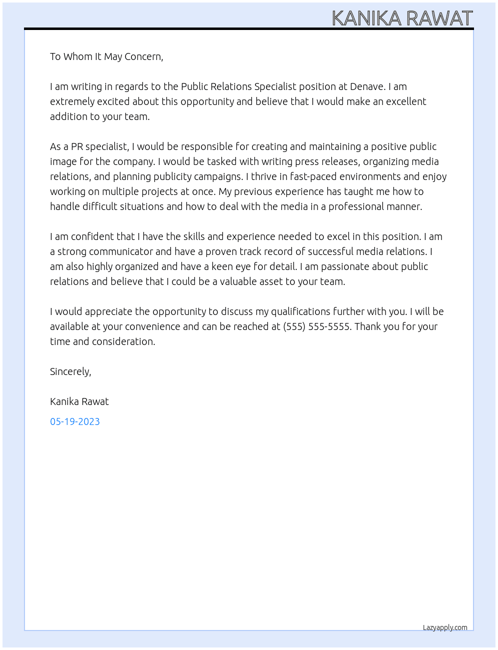 Public Relations Specialist At denave Cover Letter
