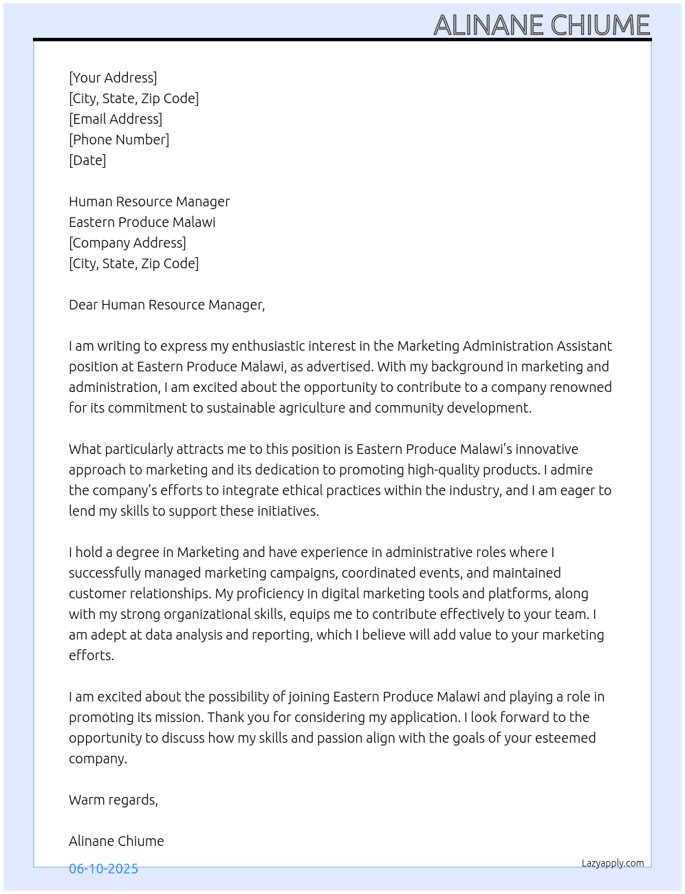 Marketing administration assistant  At Eastern Produce Malawi Cover Letter