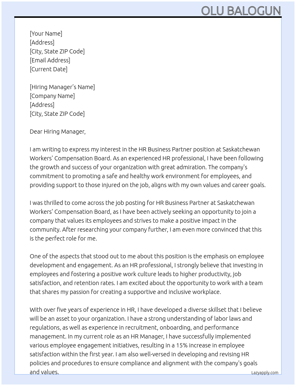 HR Business Partner At Saskatchewan Workers'​ Compensation Board Cover Letter