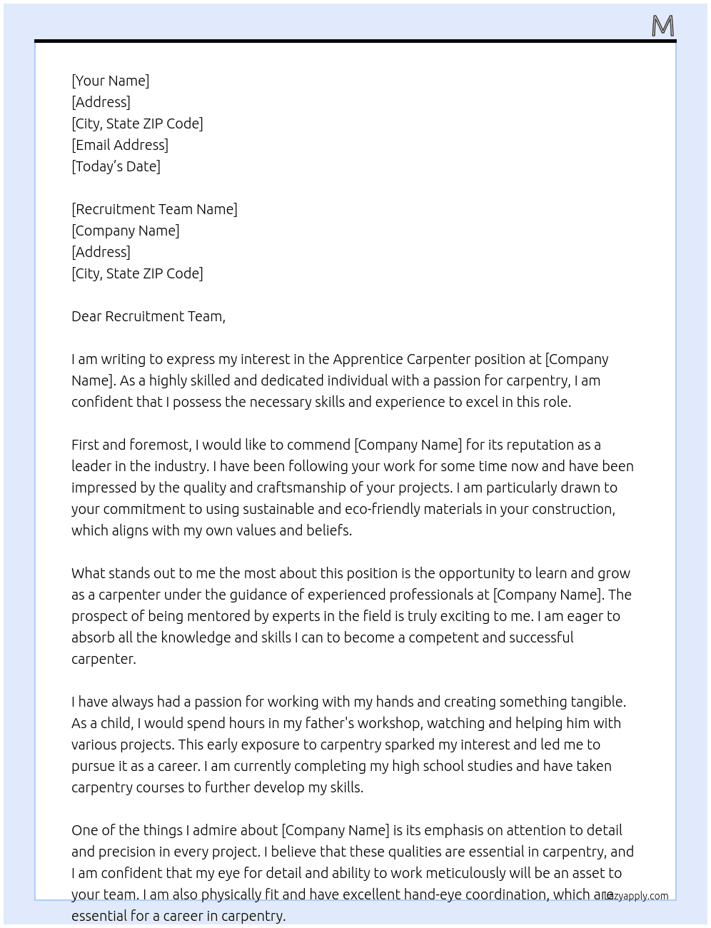 apprentice carpenter At g Cover Letter