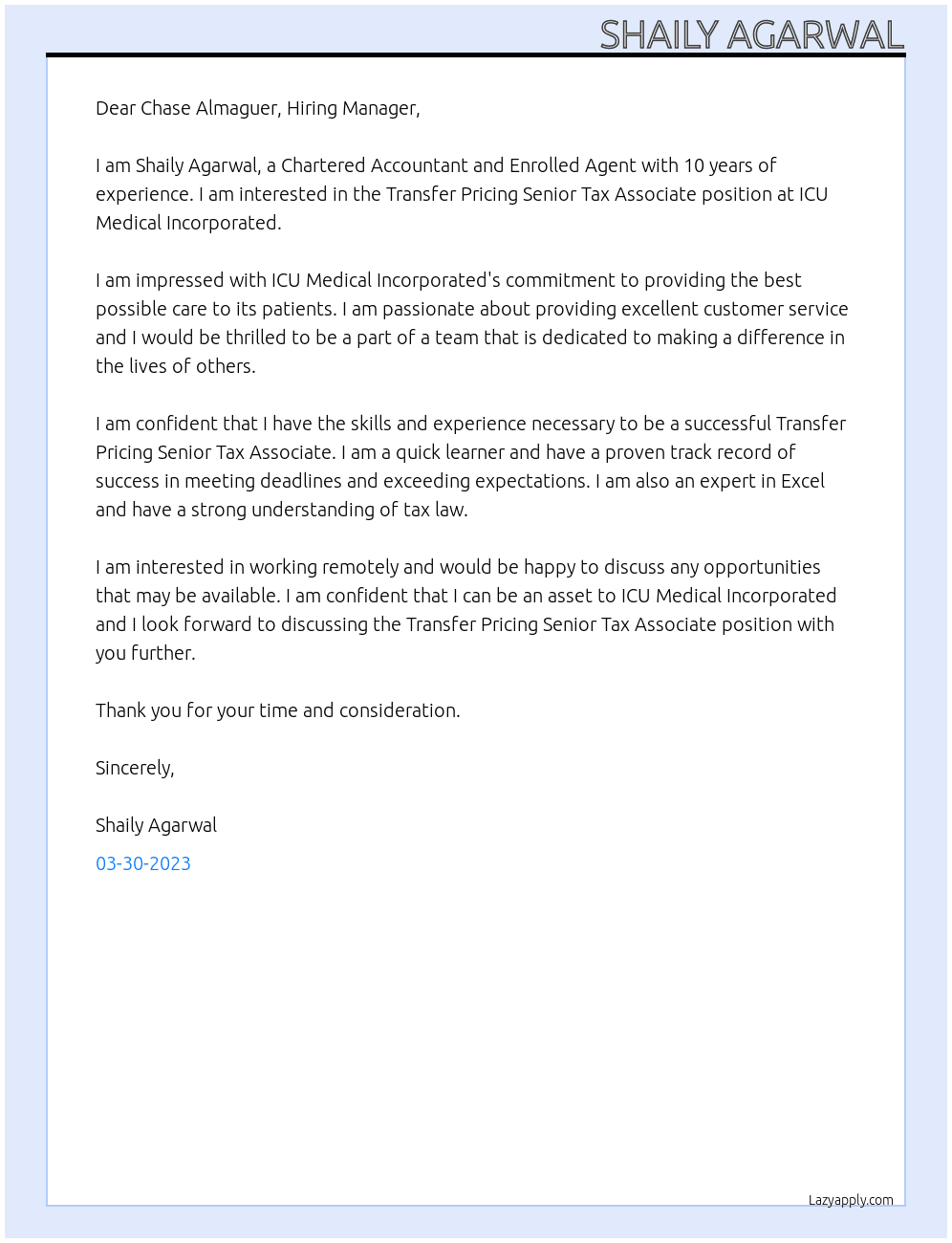 Transfer Pricing Senior Tax Associate At ICU Medical Incorporated Cover Letter