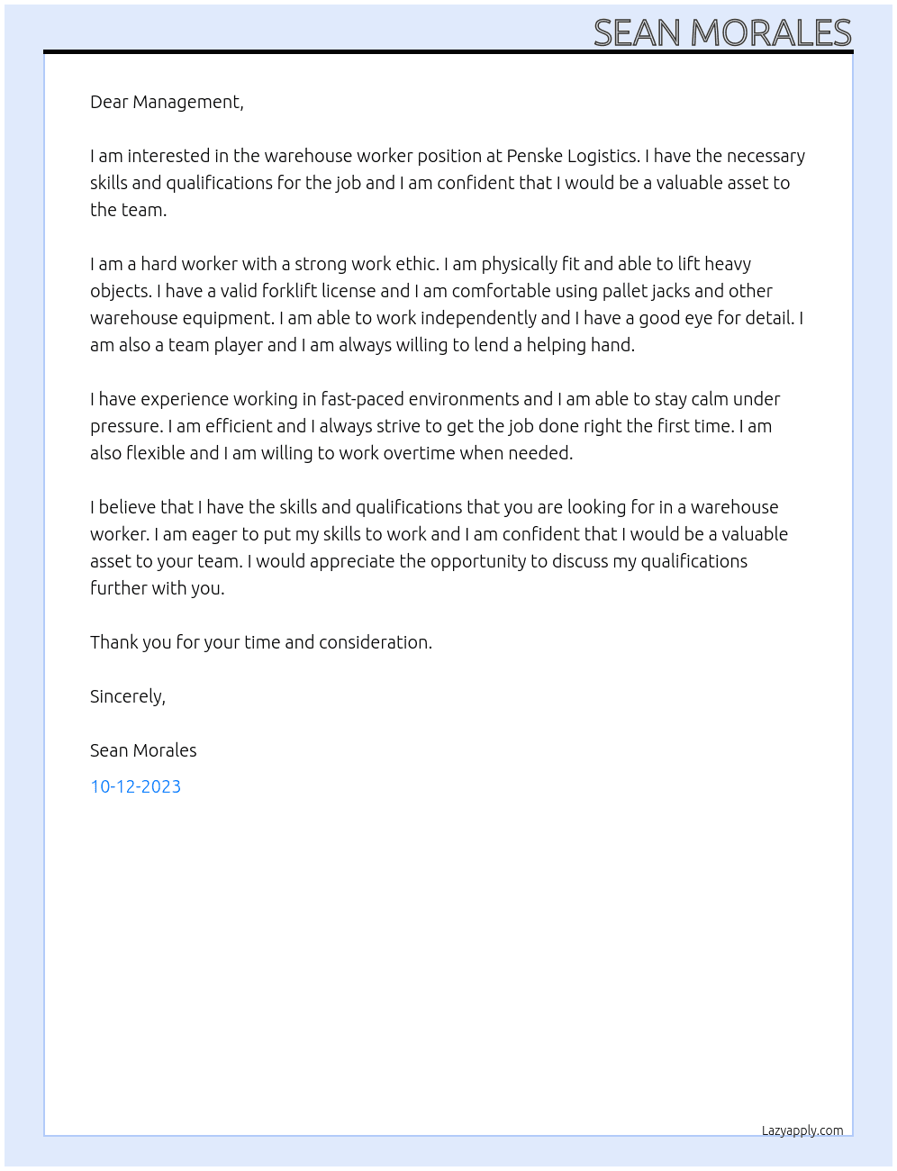 Warehouse Worker At Penske Logistics Cover Letter